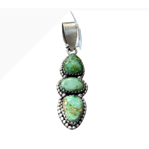 Sterling Silver Emerald Valley Turquoise 3 Stone Statement Pendant Southwest Adj